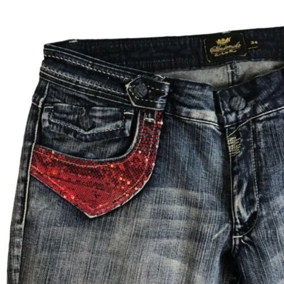 Akademiks AKDMKS Straight Leg Jean Blue Heart Red Sequin 98% Cotton Size 34 NWT - Picture 4 of 12